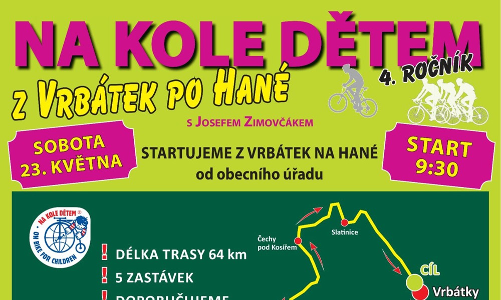 Pozvánka: Na kole dětem – 4. ročník z Vrbátek po Hané s Josefem Zimovčákem